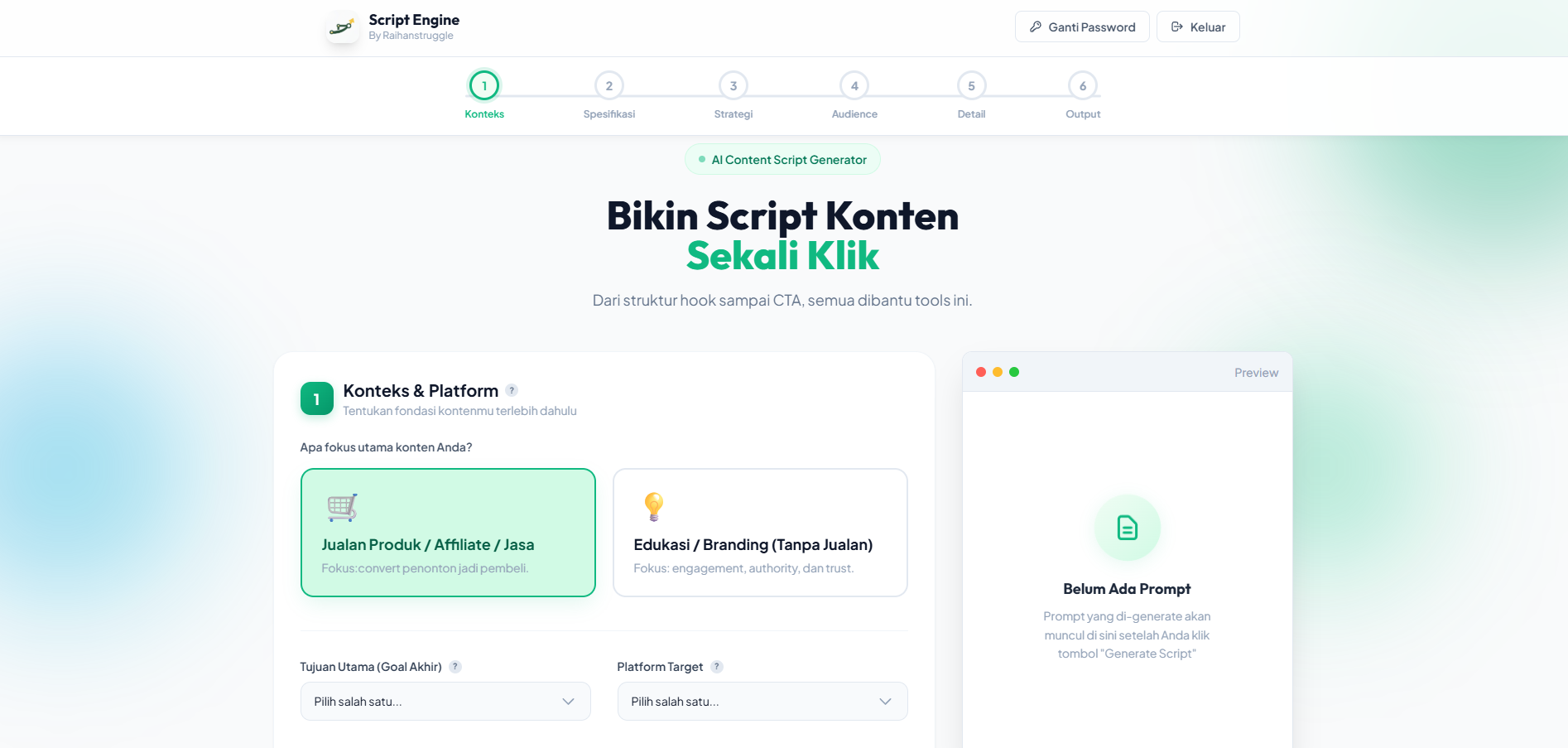 Dashboard Content Script Engine — tampilan antarmuka tools